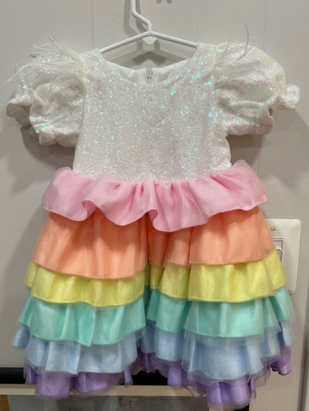 Lola and the Boys Girls' White Sequin & Rainbow Ruffle Dress